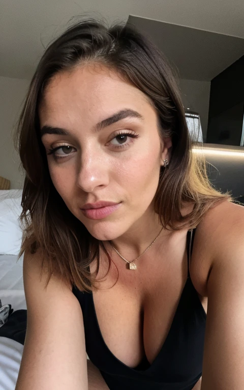 photoréaliste, Netteté, Photo amateur brute, Belle fille persano-russe de 21 ans [Vladlena Farideh|Anahita Oksana], je viens de me réveiller, nue, gros seins, grosse fesse, Prendre un selfie au lit, mince voir à travers la chemise de nuit noire, Corps épais, cheveux bouclés, Texture de peau détaillée & Pores, (Goosebumbs:0.7), Regarder la visionneuse, Mise au point du visage, Prise avec l’appareil photo mobile, grain de film, lampe de poche, LUT Instagram, corp entier, belles formes