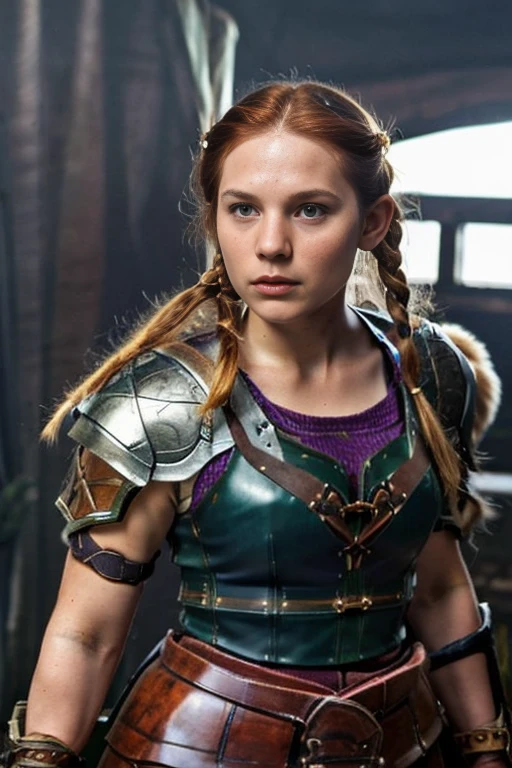 1 Girl, 20 years old, (((Viking warrior))), wearing Viking battle costumes, red hair with braids, blue eyes, athletic body, fitness, perfect breasts, freckles on face, serious look, You're sailing on a drakkar On the Celtic Sea, 