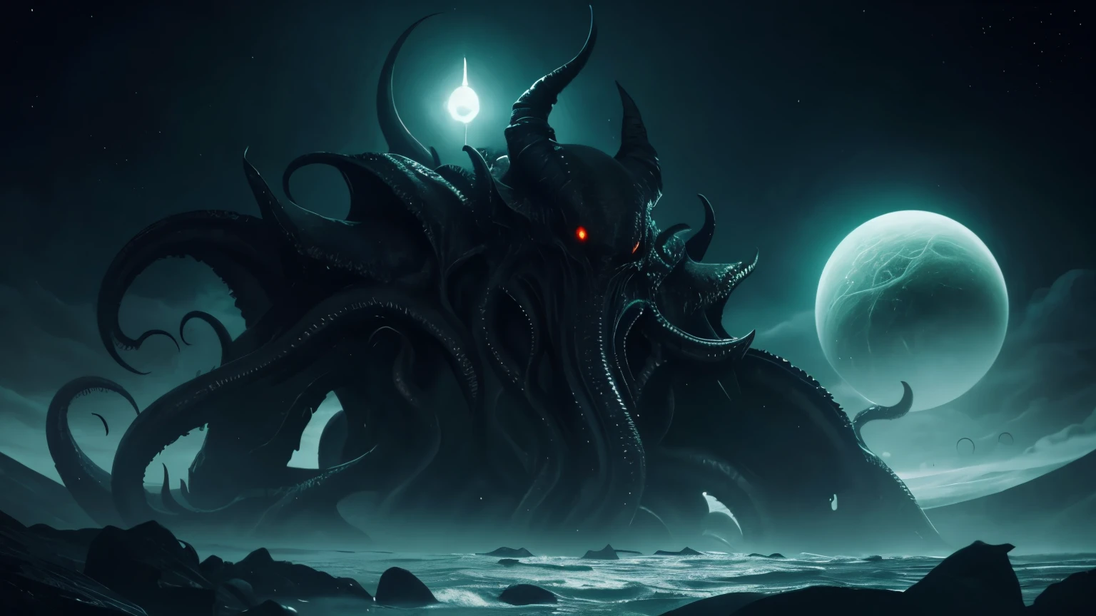 We see the haunting, surreal image of Cthulhu, his eerie, otherworldly presence floating in the void of space, passing by sinister and ominous planets.
