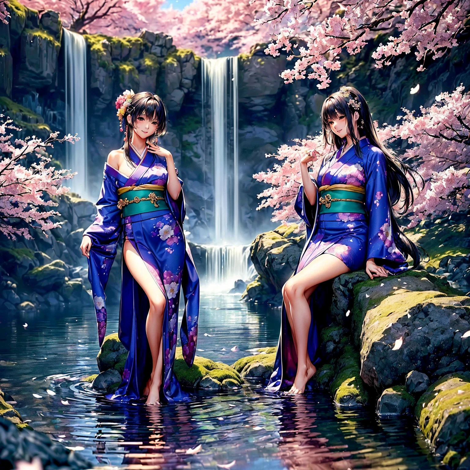 (((highest quality、masterpiece、very high resolution、highly detailed images、detailed details)))、(A woman of perfect and ultimate beauty:18-year-old, beautiful body、beautiful face、beautiful hair,bright smile)、(Slender and beautiful body, best skin and hair texture)、((Beautiful Japan kimono:Colorful with floral patterns,shoulders are exposed,I can see my thighs)),(Fantastic waterside,There is a waterfall,Night cherry blossoms and lanterns,mysterious night sky,natural light,beautiful scenery,beautiful scenery),(water play,beautiful pose,model shoot,Hair flutters under the influence of the wind),realistic portrait,bijinga,Overall image、accurate image、accurate anatomy、Image without defects,(best shot,RAW photo:1.2)