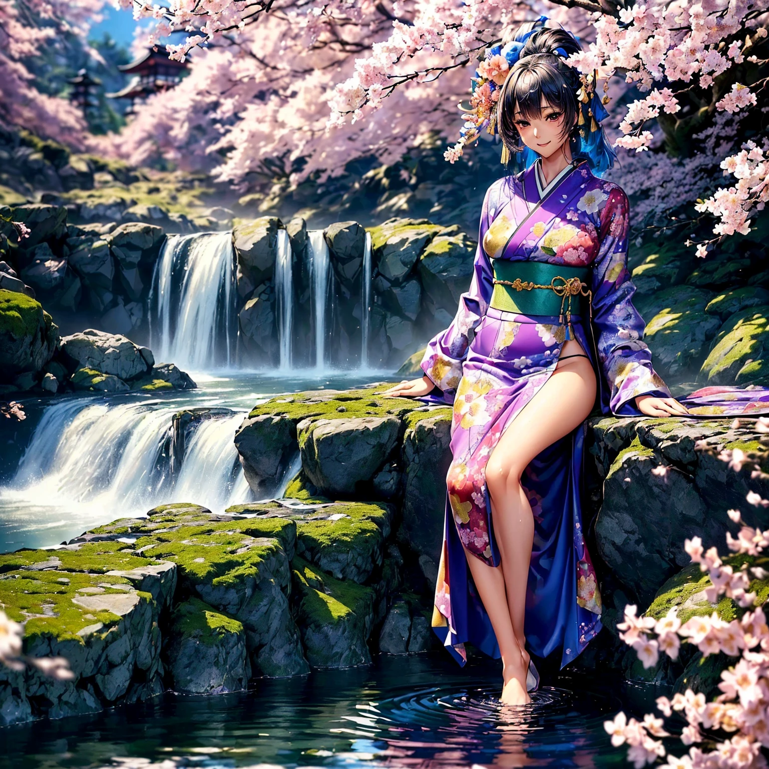 (((highest quality、masterpiece、very high resolution、highly detailed images、detailed details)))、(A woman of perfect and ultimate beauty:18-year-old, beautiful body、beautiful face、beautiful hair,bright smile)、(Slender and beautiful body, best skin and hair texture)、((Beautiful Japan kimono:Colorful with floral patterns,shoulders are exposed,I can see my thighs)),(Fantastic waterside,There is a waterfall,Night cherry blossoms and lanterns,mysterious night sky,natural light,beautiful scenery,beautiful scenery),(water play,beautiful pose,model shoot,Hair flutters under the influence of the wind),realistic portrait,bijinga,Overall image、accurate image、accurate anatomy、Image without defects,(best shot,RAW photo:1.2)