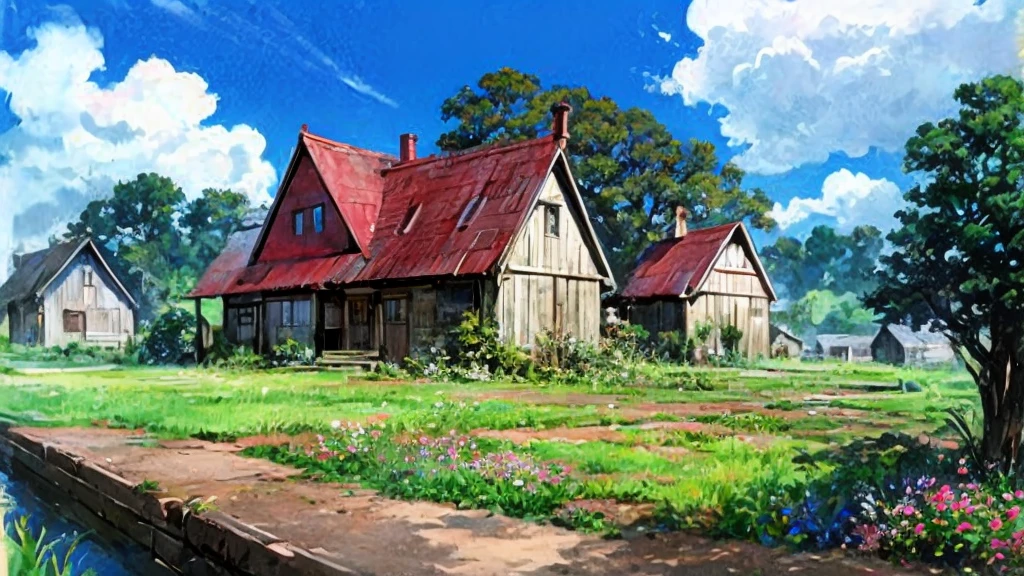 Painting of a house in a field with a red roof, Hayao Miyazaki&#39;s style, style of studio ghibli, studio ghibli environment, studio ghibli sunlight, style in ghibli anime, studio ghibli smooth concept art, stuido ghibli, style in ghibli anime style, ghibli studio style, medium shot. by Hayao Miyazaki, by Miyazaki