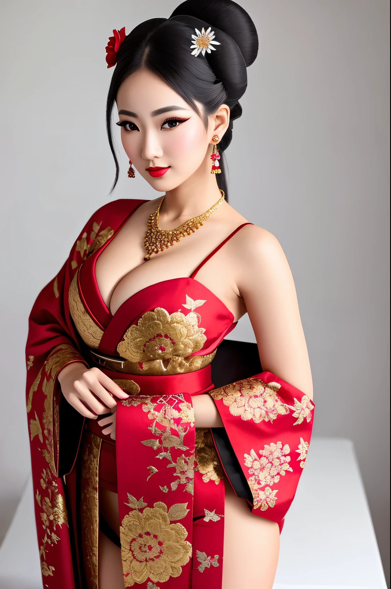 detailed realistic image of 1 young divine and gorgeously decorated oiran, (full body shot:1.5), traditional japanese beauty, {black | red} sexual kimono with gold-pink highly detailed traditional pattern, traditional intricate geisha hairstyle, hair sticks, kanzashi, kanoko, bira-bira, japanese traditional women's hair ornaments, flirts with camera, seducing smile, ultra sexy, fancy makeup, heavy eye makeup, red lipstick, [[[long legs in (((white opaque stockings with complex intricate traditional pattern)))]]], big breasts, cleavage, in traditional japanese interior, (Best Quality, 16K, Masterpiece, UHD, Ultra quality cinematic lighting, Huge detail, Well lit, 35mm, sharp, hyper realistic, epic scale, insane level of details, beautiful detailed girl, very detailed eyes and face, beautiful detailed eyes, ultra detailed skin, realistic skin)