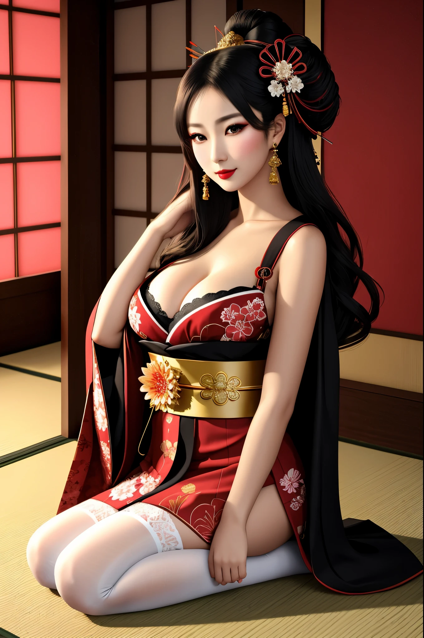 detailed realistic image of 1 young divine and gorgeously decorated oiran, (full body shot:1.5), traditional japanese beauty, {black | red} sexual kimono with gold-pink highly detailed traditional pattern, traditional intricate geisha hairstyle, hair sticks, kanzashi, kanoko, bira-bira, japanese traditional women's hair ornaments, flirts with camera, seducing smile, ultra sexy, fancy makeup, heavy eye makeup, red lipstick, [[[long legs in (((white opaque stockings with complex intricate traditional pattern)))]]], big breasts, cleavage, in traditional japanese interior, (Best Quality, 16K, Masterpiece, UHD, Ultra quality cinematic lighting, Huge detail, Well lit, 35mm, sharp, hyper realistic, epic scale, insane level of details, beautiful detailed girl, very detailed eyes and face, beautiful detailed eyes, ultra detailed skin, realistic skin)