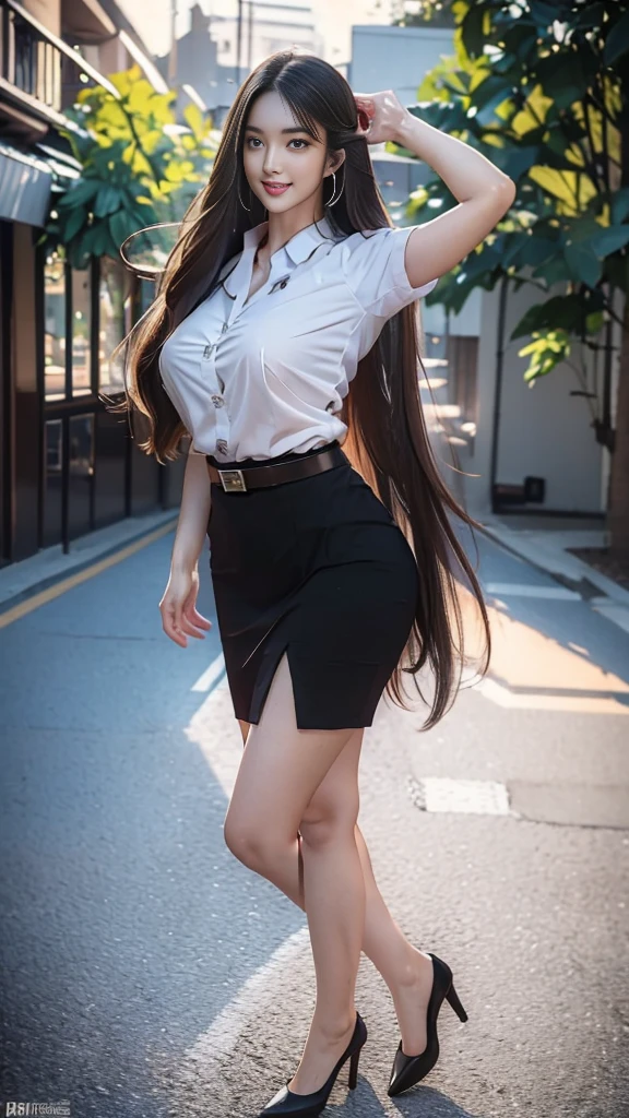 highest resolution, 8K, high definition, (((My hair is very long., My hair is very long., My hair is very long., Extra long, Knee-length hair))), Thai Students, Half Thai, half Japanese, half Korean., Height 173 centimeters, (((stand, walk))), Beautiful face, แต่งBeautiful face, Double eyelids, red lips, smile at the corner of the mouth, beautiful eyes, Beautiful Woman, The texture is realistic., Slim white short-sleeved shirt, collar shirt, Matte black short pencil skirt, Very short, Side incision, กระโปรงสีดำด้านพร้อมbeltผู้หญิง, tight, Huge breasts, Breast augmentation, เต้าBig tits, Big tits, Plump milk, Fluffy milk, Huge breasts, Symmetrical shape, sexy figure, Thin, slim, small waist, Long legs, Beautiful thighs, Pitch black high heels, earring, Put on a watch, belt, (((full body, Look at every part of the body.))), university backdrop, building, building, lawn, outdoor sports field