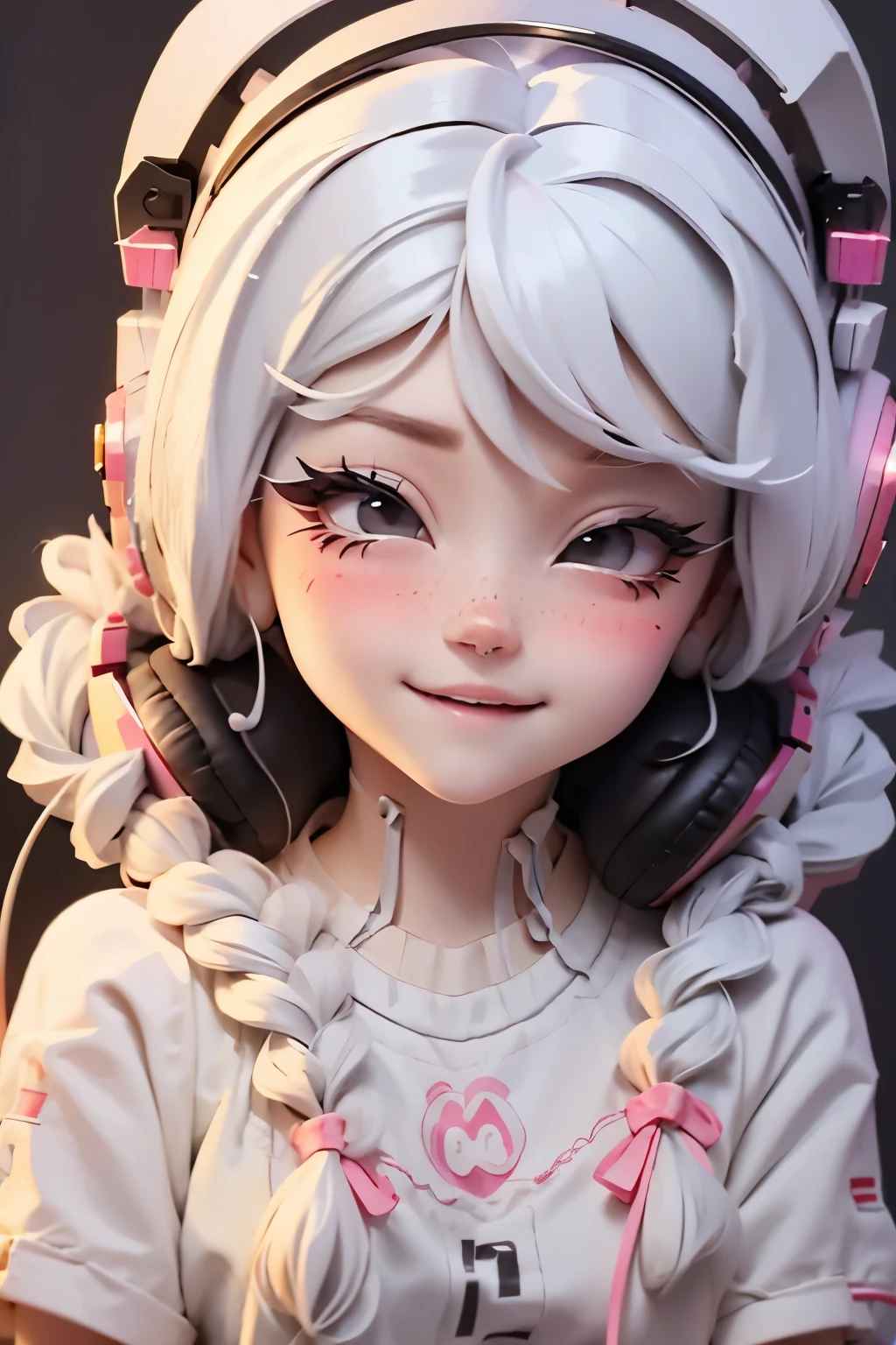 Lolli girl, braid hair, school, LISTEN MUSIC, GAMING background, white hair, cute shy happy pose, wearing HEADSET