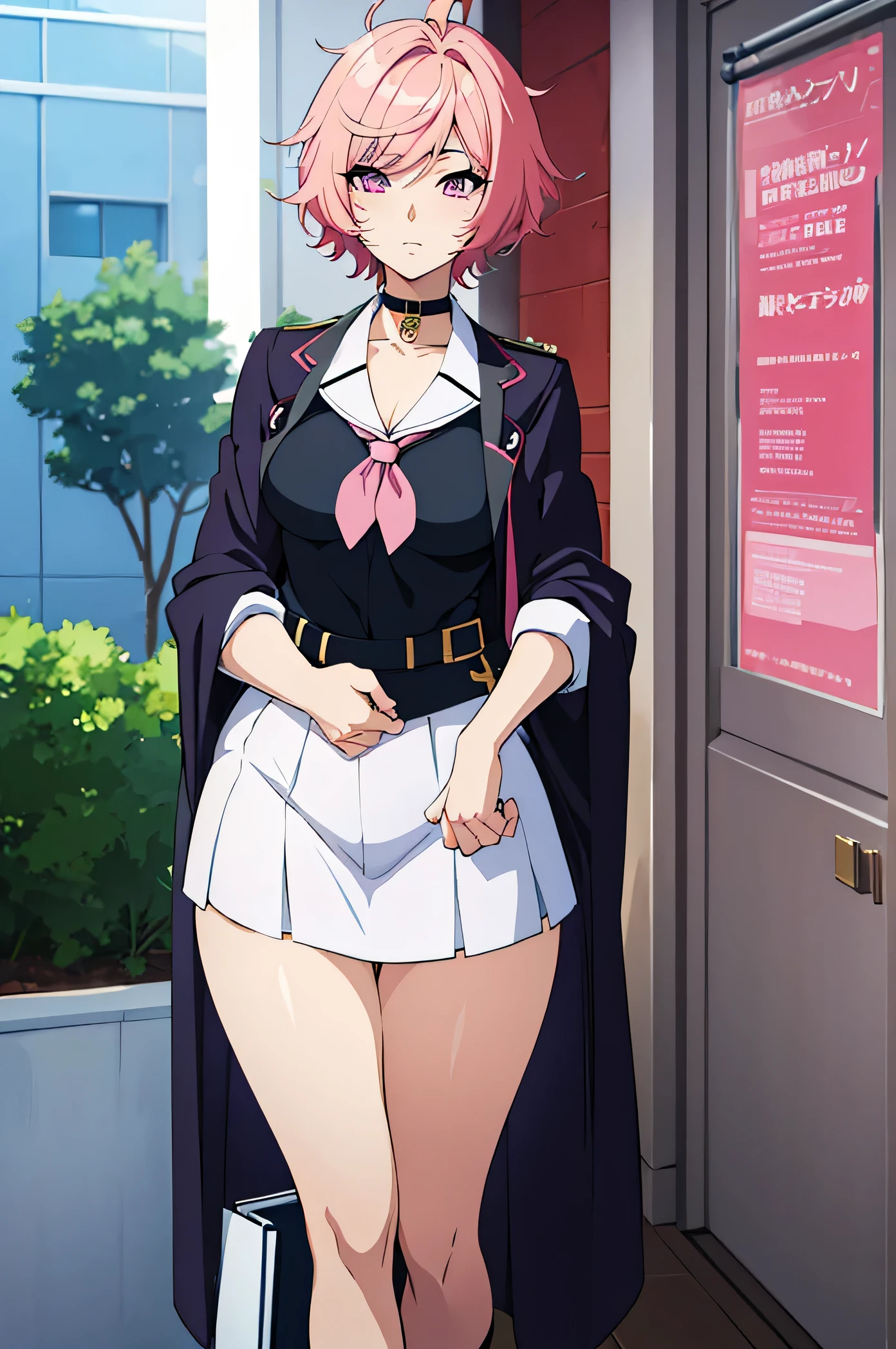 there is a cartoon picture of feminine boy with short pink hair, anime moe artstyle, 1 7 -  - old me, in an anime style, demon femboy, flat anime style, cute, crossdresser, lewd body, curvy, school girl uniform, big breasts