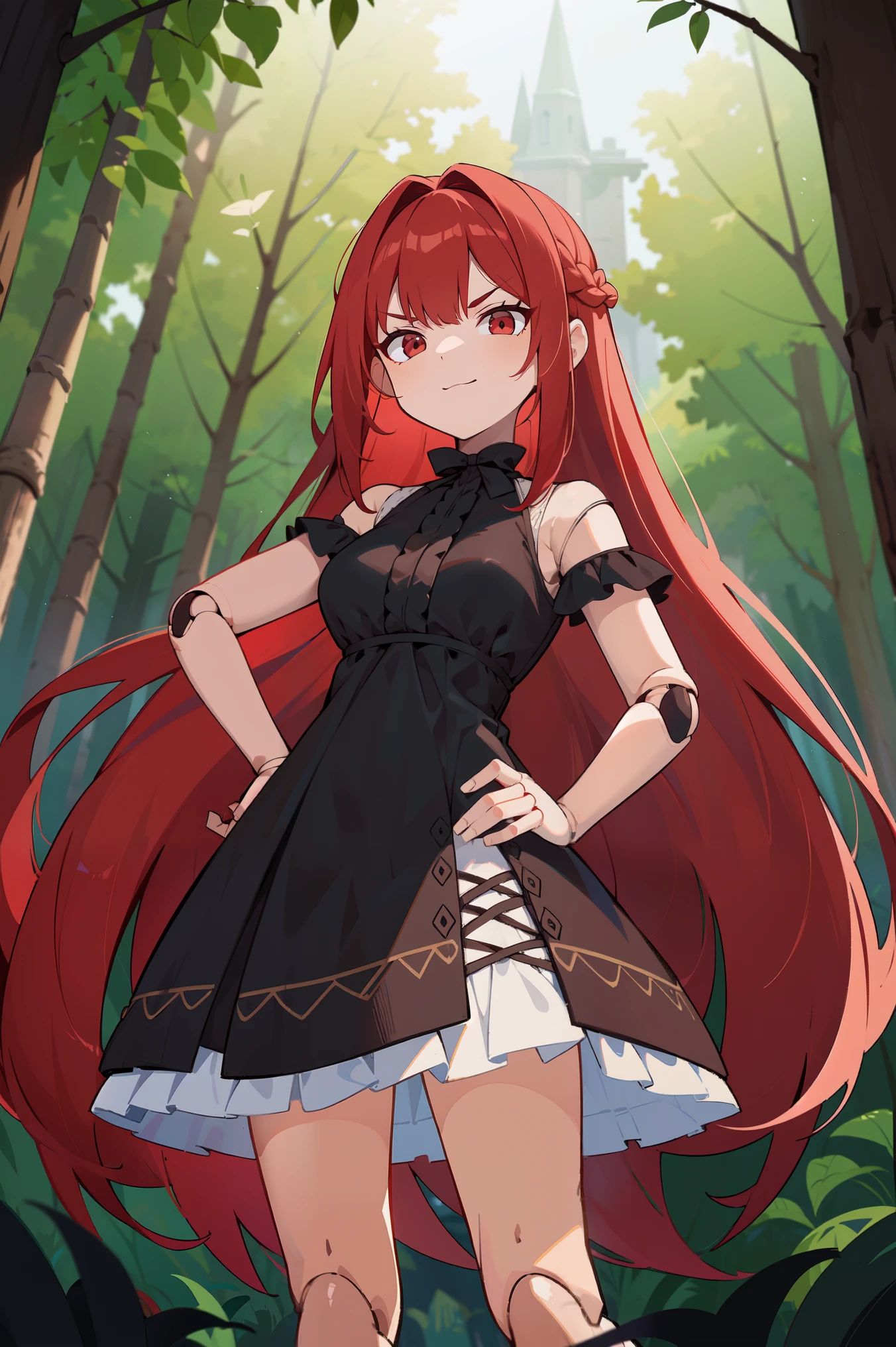 masterpiece, best quality, ultra high quality, blurry, 1girl, solo, crimson red hair, very long hair, french braid, single sidelock, red eyes, glowing eyes, medium breasts, mature girl, neutral, cold, evil face, mischievous, black victorian dress, ornate white dress, (sleeveless), off-shoulder dress, frills, (dollgirl, doll joints), looking at viewer, ((single hand on hip)), (glowing light), focus on character, forest, trees