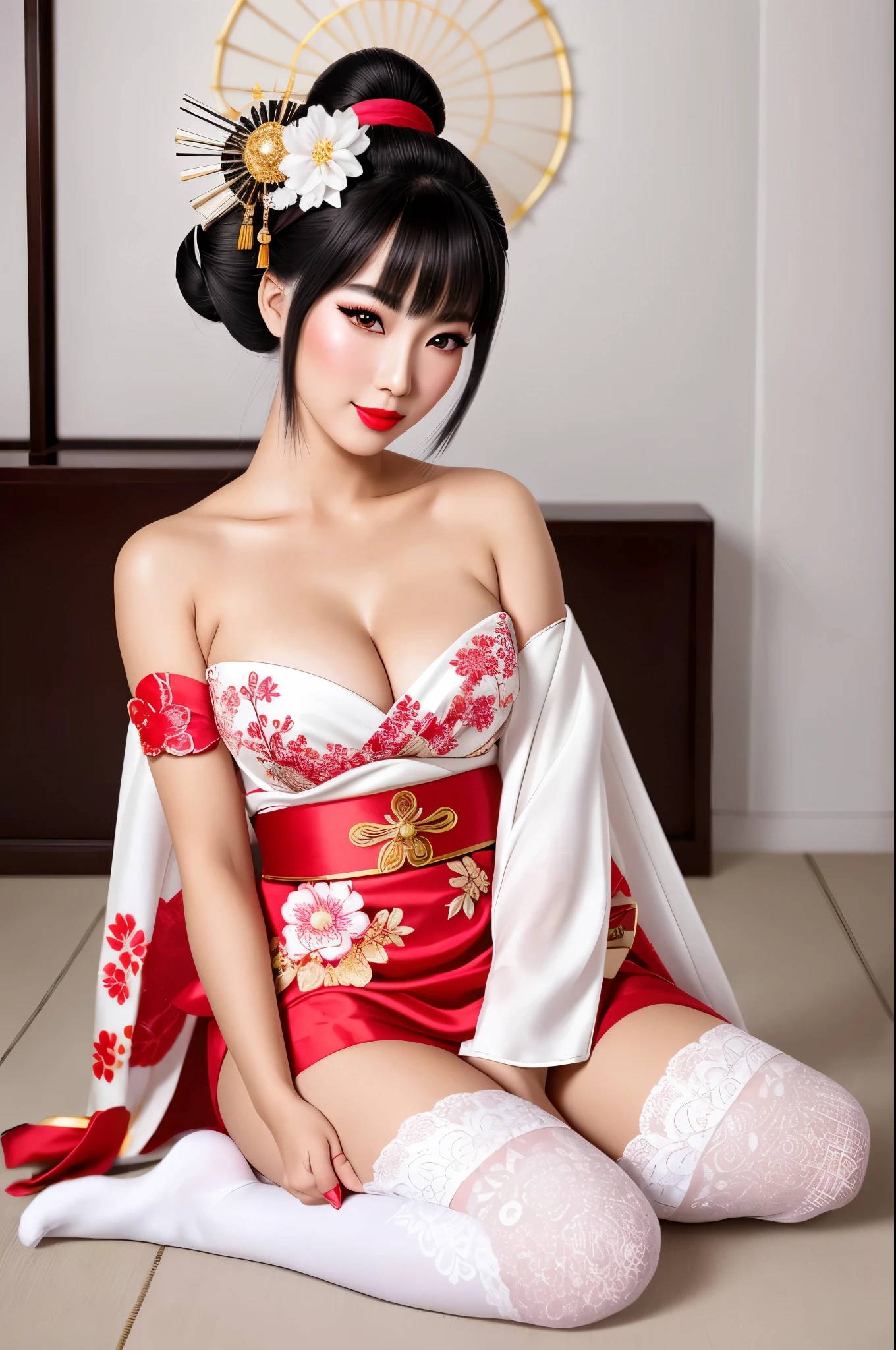 detailed realistic image of ung divine and gorgeously decorated oiran, (full body shot:1.5), traditional japanese beauty, sexual black kimono with gold and pink highly detailed traditional pattern, (((traditional intricate geisha hairstyle, hair sticks, kanzashi, kanoko, bira-bira, japanese traditional women's hair ornaments))), flirts with camera, seducing smile, ultra sexy, fancy makeup, heavy eye makeup, red lipstick, (long legs in ((white opaque stockings with complex intricate traditional pattern))):0.3, big breasts, cleavage, traditional japanese interior, (Best Quality, 16K, Masterpiece, UHD, Ultra quality cinematic lighting, Huge detail, Well lit, 35mm, sharp, hyper realistic, epic scale, insane level of details, beautiful detailed girl, very detailed eyes and face, beautiful detailed eyes, ultra detailed skin, realistic skin)