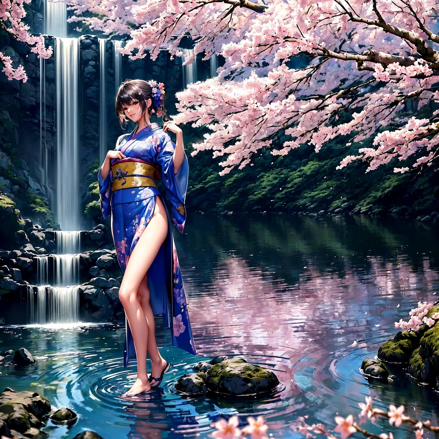 (((highest quality、masterpiece、very high resolution、highly detailed images、detailed details)))、(A woman of perfect and ultimate beauty:18-year-old, beautiful body、beautiful face、beautiful hair,bright smile)、(Slender and beautiful body, best skin and hair texture)、((Beautiful Japan kimono:Colorful with floral patterns,shoulders are exposed,I can see my thighs)),(Fantastic waterside,There is a waterfall,Night cherry blossoms and lanterns,mysterious night sky,natural light,beautiful scenery,beautiful scenery),(water play,beautiful pose,model shoot,Hair flutters under the influence of the wind),realistic portrait,Overall image、accurate image、accurate anatomy、Image without defects,(best shot,RAW photo:1.2)