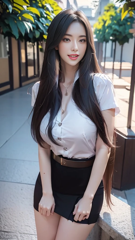 highest resolution, 8K, high definition, (((My hair is very long., My hair is very long., My hair is very long., Extra long, Knee-length hair))), Thai Students, Half Thai, half Japanese, half Korean., Height 173 centimeters, (((stand, walk))), Beautiful face, แต่งBeautiful face, Double eyelids, red lips, smile at the corner of the mouth, beautiful eyes, Beautiful Woman, The texture is realistic., Slim white short-sleeved shirt, collar shirt, Matte black short pencil skirt, Very short, Side incision, กระโปรงสีดำด้านพร้อมbeltผู้หญิง, tight, Huge breasts, Breast augmentation, เต้าBig tits, Big tits, Plump milk, Fluffy milk, Huge breasts, Symmetrical shape, sexy figure, Thin, slim, small waist, Long legs, Beautiful thighs, Pitch black high heels, earring, Put on a watch, belt, (((full body, Look at every part of the body.))), university backdrop, building, building, lawn, outdoor sports field