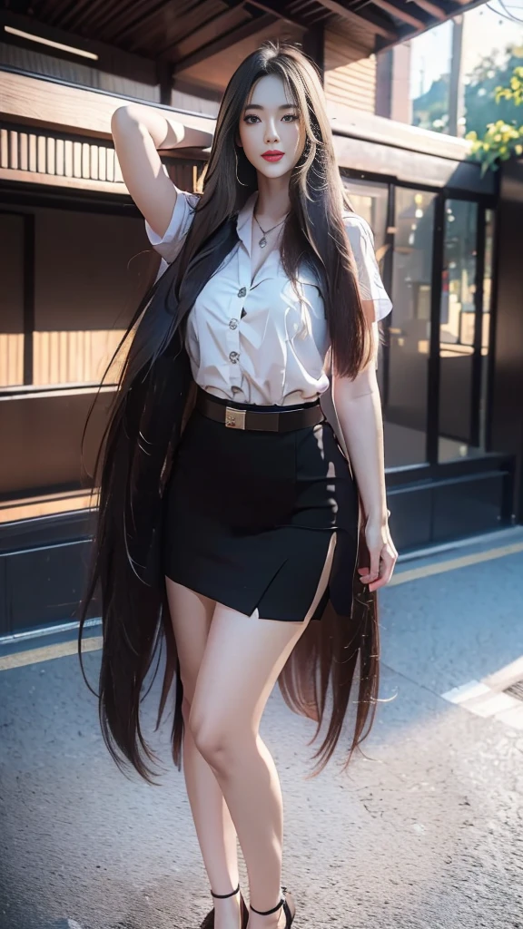 highest resolution, 8K, high definition, (((My hair is very long., My hair is very long., My hair is very long., Extra long, Knee-length hair))), Thai Students, Half Thai, half Japanese, half Korean., Height 173 centimeters, (((stand, walk))), Beautiful face, แต่งBeautiful face, Double eyelids, red lips, smile at the corner of the mouth, beautiful eyes, Beautiful Woman, The texture is realistic., Slim white short-sleeved shirt, collar shirt, Matte black short pencil skirt, Very short, Side incision, กระโปรงสีดำด้านพร้อมbeltผู้หญิง, tight, Huge breasts, Breast augmentation, เต้าBig tits, Big tits, Plump milk, Fluffy milk, Huge breasts, Symmetrical shape, sexy figure, Thin, slim, small waist, Long legs, Beautiful thighs, Pitch black high heels, earring, Put on a watch, belt, (((full body, Look at every part of the body.))), university backdrop, building, building, lawn, outdoor sports field