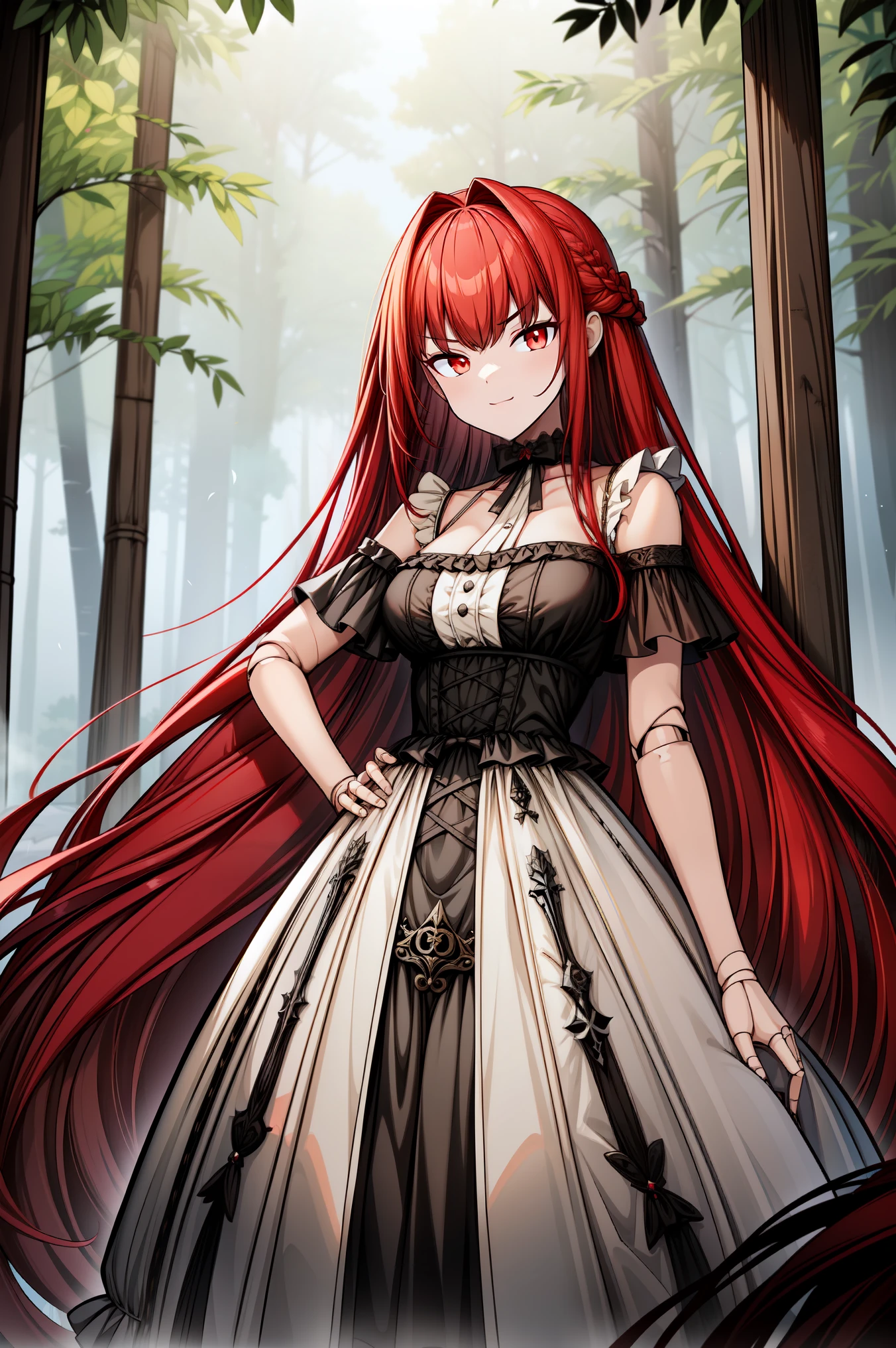 masterpiece, best quality, ultra high quality, high quality illustration, 1girl, solo, crimson red hair, very long hair, french braid, single sidelock, red eyes, glowing eyes, medium breasts, mature girl, neutral, cold, evil face, mischievous, black victorian dress, ornate white dress, (sleeveless), off-shoulder dress, frills, (dollgirl, doll joints), looking at viewer, ((single hand on hip)), (glowing light), focus on character, forest, trees