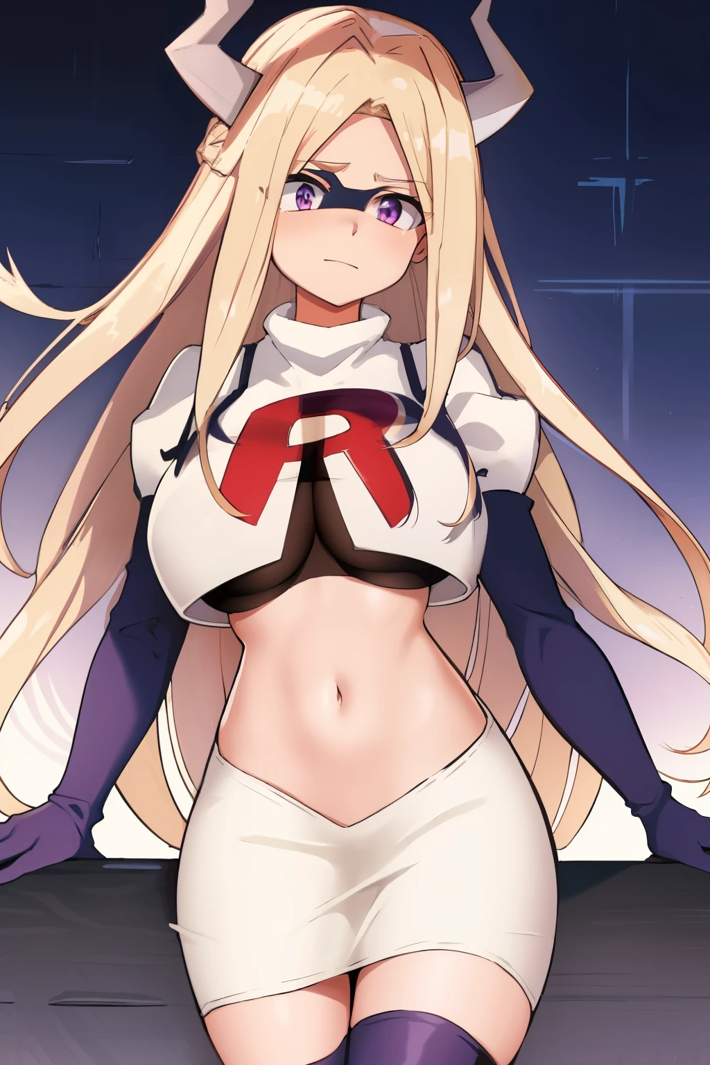scan, (extremely detailed CG unity 8k wallpaper:1.1), (traditional media:0.9), (sketch:0.9), tracing, soft lighting, anime, (1girl), mtladymha, boku no hero academia, long hair, blonde hair, horns, domino mask, large breasts, purple eyes, team rocket,team rocket uniform, red letter R, white skirt,white crop top,black thigh-highs,black elbow gloves