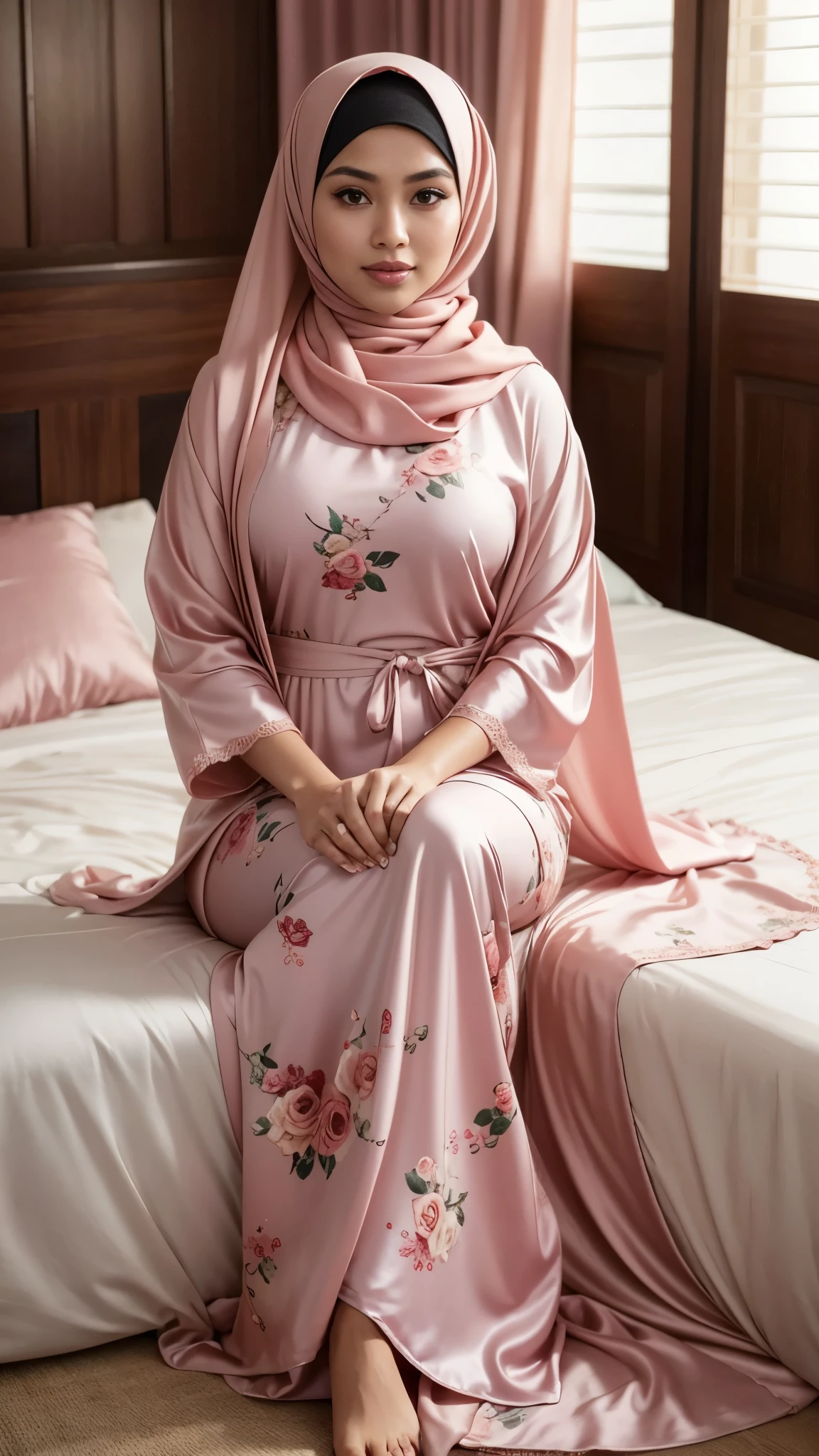 RAW, Best quality, high resolution, masterpiece: 1.3), beautiful Malay woman in hijab :0.8), beautifull face, perfect fit body, big eyes, glossy lips,big breast, muslim woman sitting on a bed with a pink scarf, wearing pink floral gown, pastel pink, pink pastel, hijab,, morning sunrise, wearing pink floral chiton, silky garment, peach and goma style,, beautiful aesthetic