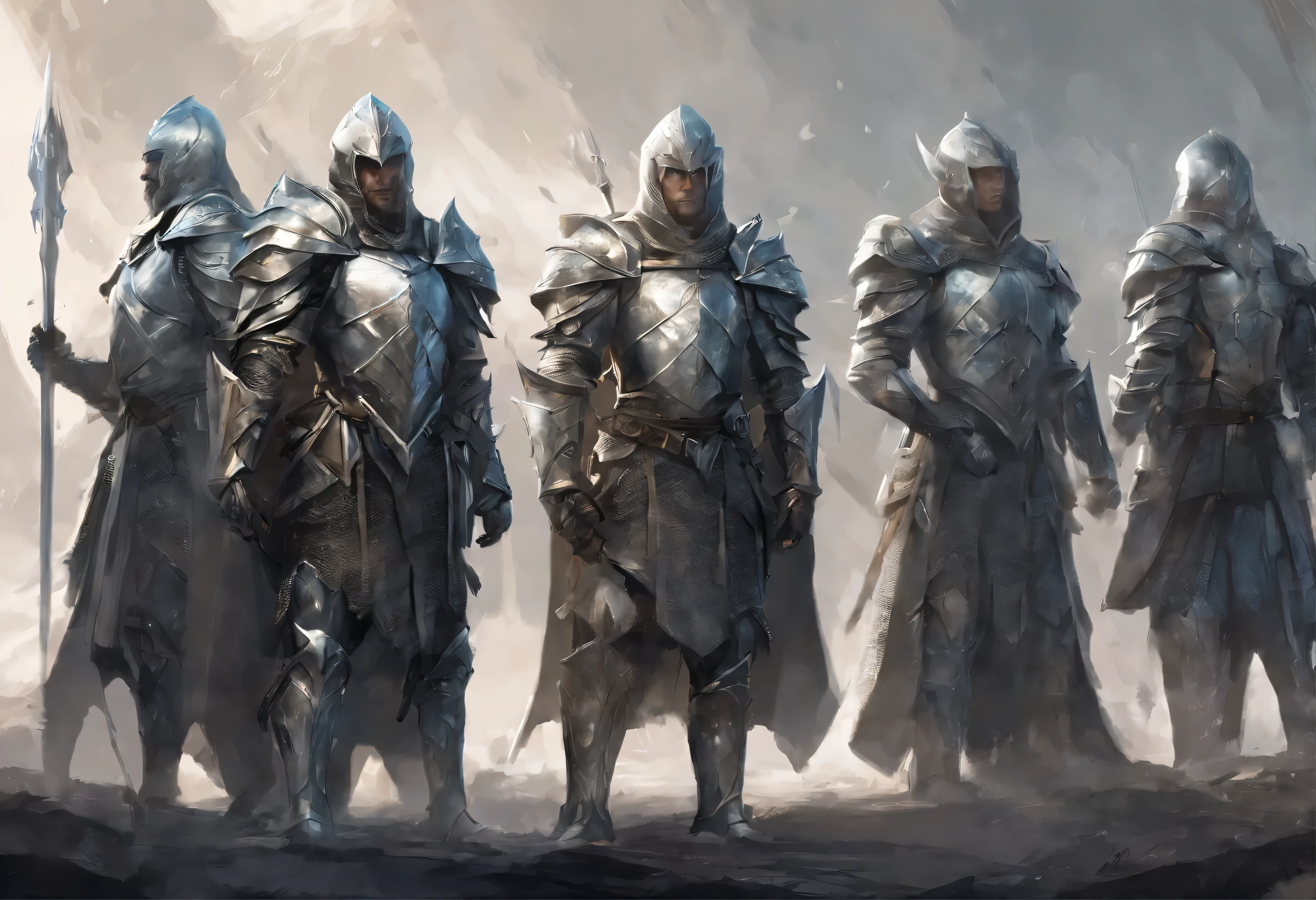elfs in silver medieval armor prepared for epic battle, lord of the rings
