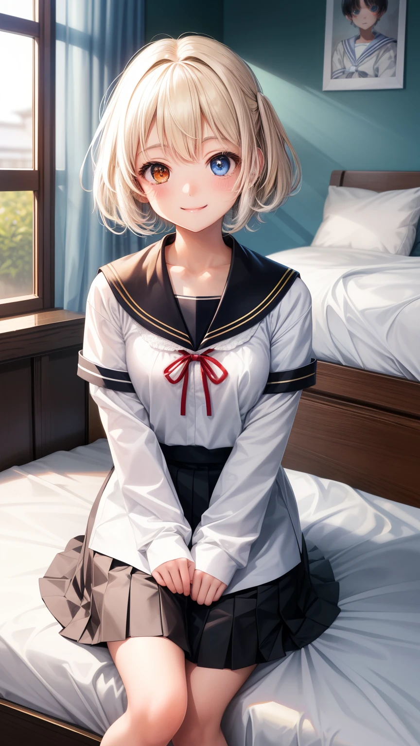 1girl in、Best Quality、、Very cute、A smile、Japanese、highschool、white sailor uniform、Very cute、glad looking face、short-hair、Golden head hair、bed room、black skirt、beautiful eyes、heterochromia、cleavage、胸の谷間