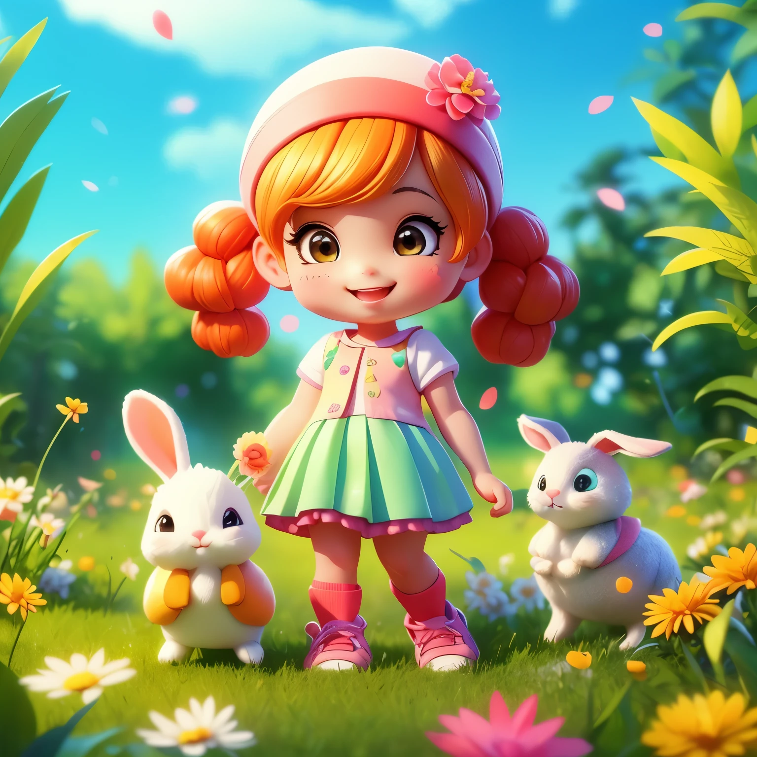 (photorealistic:1.37)、octane rendering、Morning park、Walk with a rabbit doll、Girl has twin tail hairstyle and smiles、Bright colors、soft sunlight、beautiful flower、green grass、playful atmosphere、peaceful environment、detailed texture、Bright colors、cute shoes with accessories、He looks happy