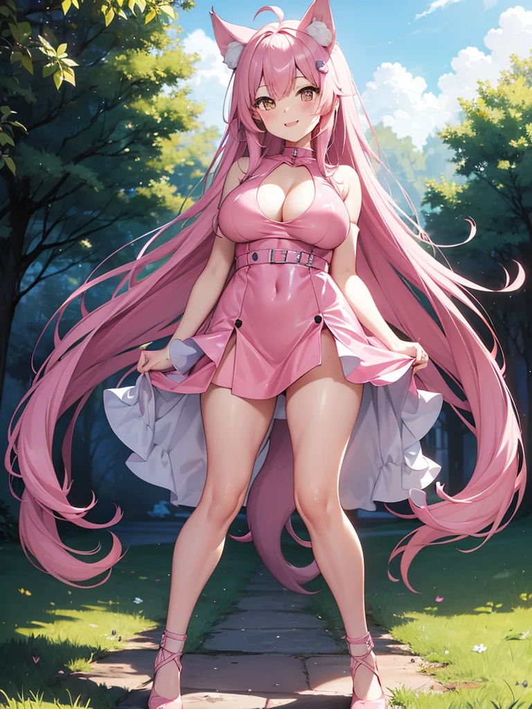 Happy , with wolf ears and pink hair, holding her cheeks, wolf tail, wearing a latex dress, looking at veiwer, full body, you can see her chest, naked breasts