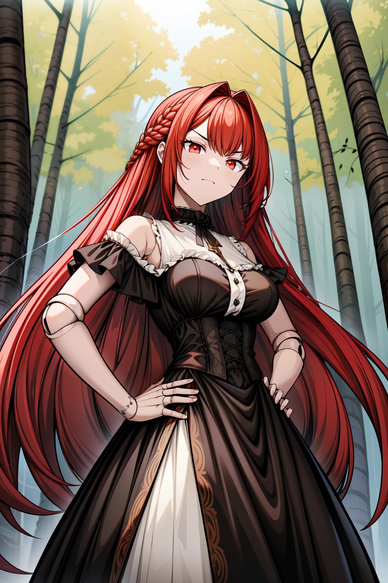 masterpiece, best quality, ultra high quality, high quality illustration, 1girl, solo, crimson red hair, very long hair, french braid, single sidelock, red eyes, glowing eyes, medium breasts, mature girl, neutral, cold, evil face, mischievous, black victorian dress, ornate white dress, (sleeveless), off-shoulder dress, frills, (dollgirl, doll joints), looking at viewer, ((single hand on hip)), (glowing light), focus on character, forest, trees