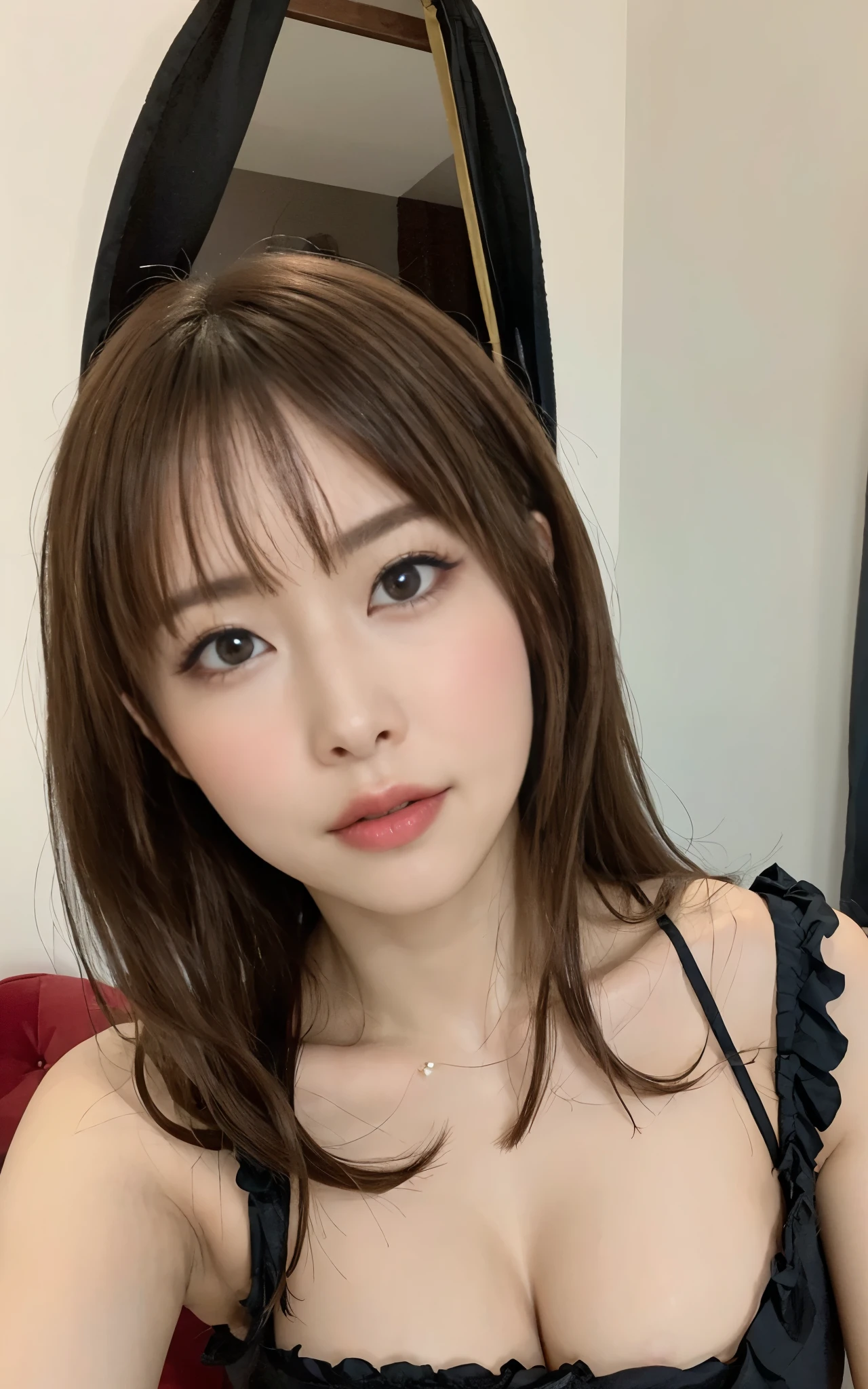 masterpiece,best quality, (one attractive milf), ((portrait:1.5)), makeup, elegant black shirt, touch own chest, ((seduction expression)),