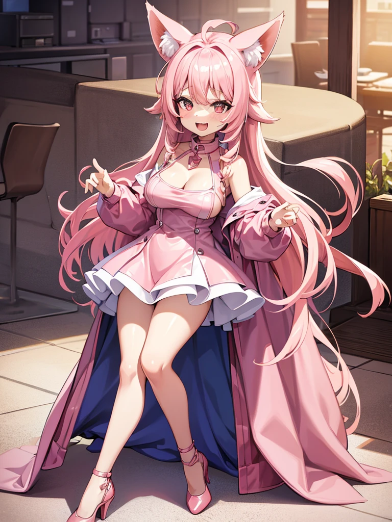Happy woman, with wolf ears and pink hair, holding her cheeks, wolf tail, wearing a latex dress, looking at veiwer, full body, you can see her chest, naked breasts
