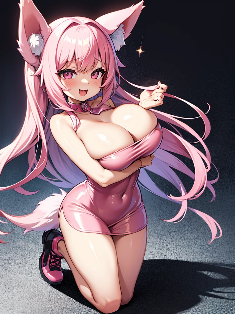 Happy woman, with wolf ears and pink hair, holding her cheeks, wolf tail, wearing a latex dress, looking at veiwer, full body, you can see her chest, naked breasts