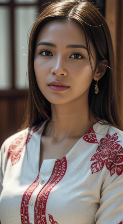 dressed, (photo realistic:1.4), (hyper realistic:1.4), (realistic:1.3), (smoother lighting:1.05), (increase cinematic lighting quality:0.9), 32K, 1girl,20yo girl, realistic lighting, backlighting, light on face, ray trace, (brightening light:1.2), (Increase quality:1.4), (best quality real texture skin:1.4), finely detailed eyes, finely detailed face, finely quality eyes, (tired and sleepy and satisfied:0.0), face closeup, wear fancy white red batik gown
