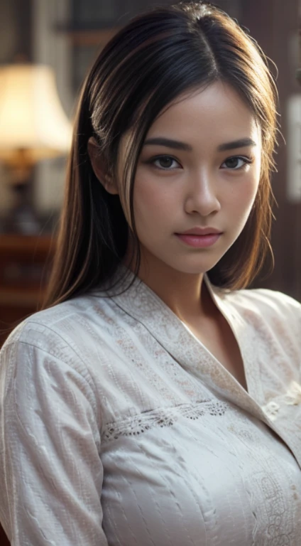 dressed, (photo realistic:1.4), (hyper realistic:1.4), (realistic:1.3), (smoother lighting:1.05), (increase cinematic lighting quality:0.9), 32K, 1girl,20yo girl, realistic lighting, backlighting, light on face, ray trace, (brightening light:1.2), (Increase quality:1.4), (best quality real texture skin:1.4), finely detailed eyes, finely detailed face, finely quality eyes, (tired and sleepy and satisfied:0.0), face closeup, wear fancy white red batik gown