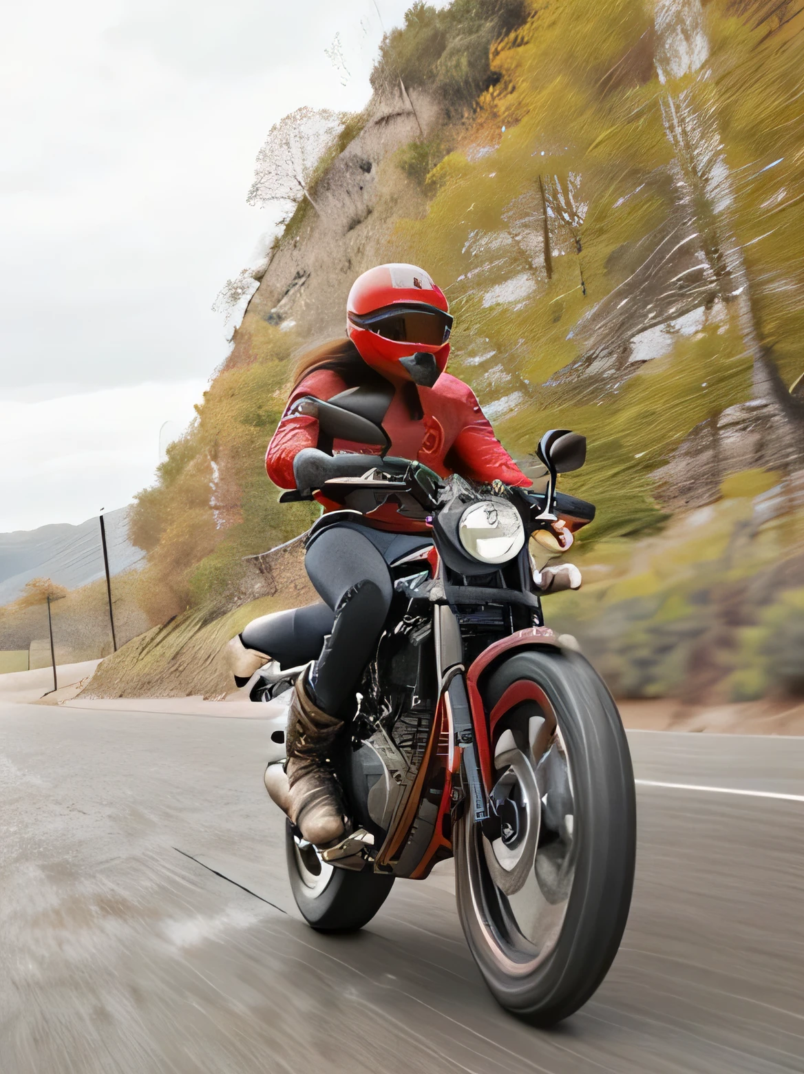 moto deportiva en color rojo con piloto con chamarra en colores rojo negro y gris