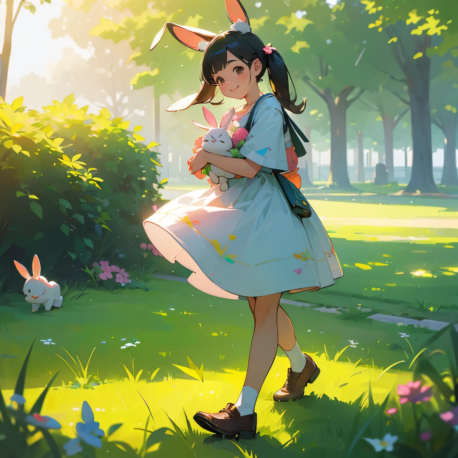 (photorealistic:1.37)、octane rendering、Morning park、Walk with a rabbit doll、Girl has twin tail hairstyle and smiles、Bright colors、soft sunlight、beautiful flower、green grass、playful atmosphere、peaceful environment、detailed texture、Bright colors、cute shoes with accessories、He looks happy