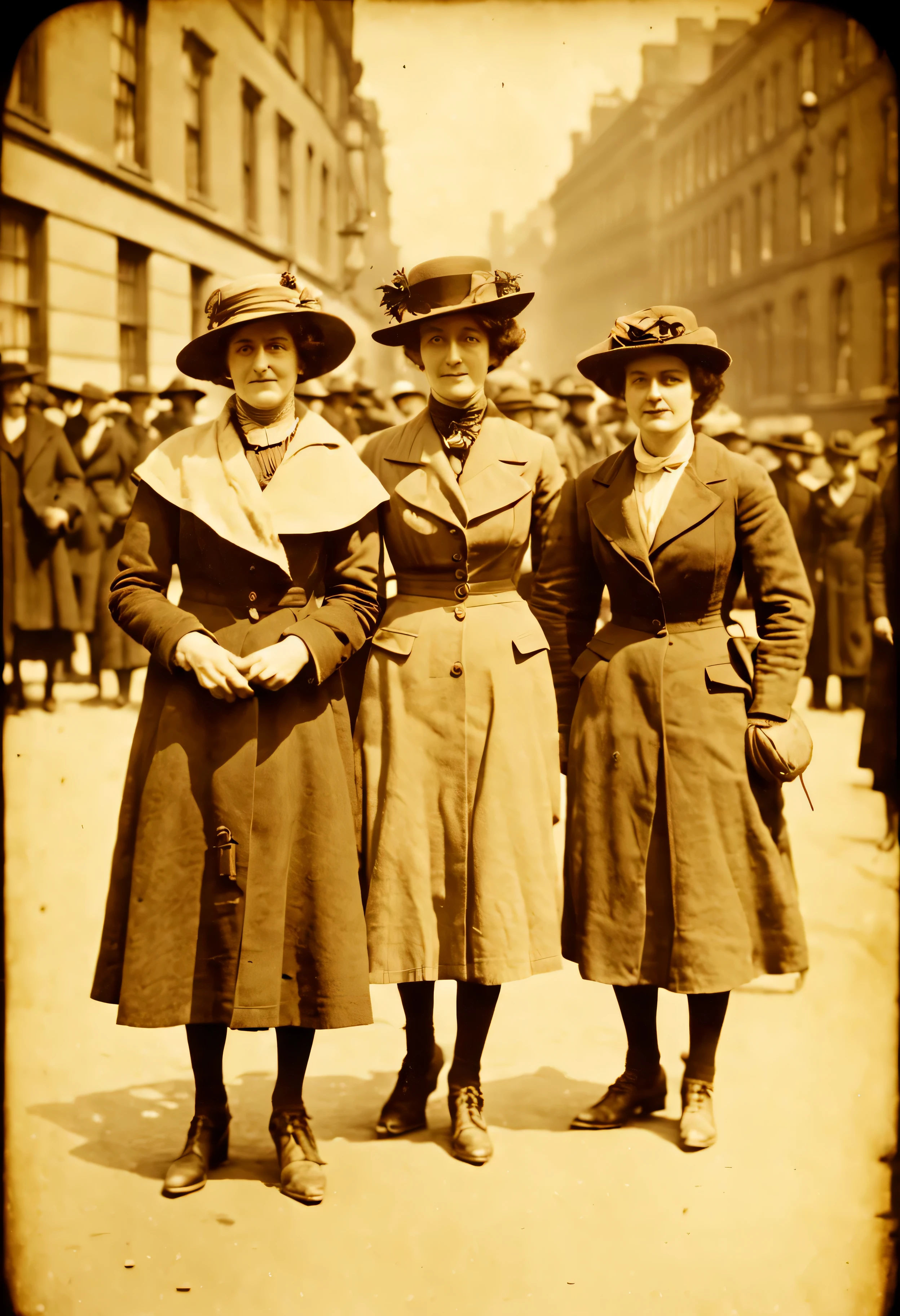suffragettes on the street sepia, scratchy vintage photograph