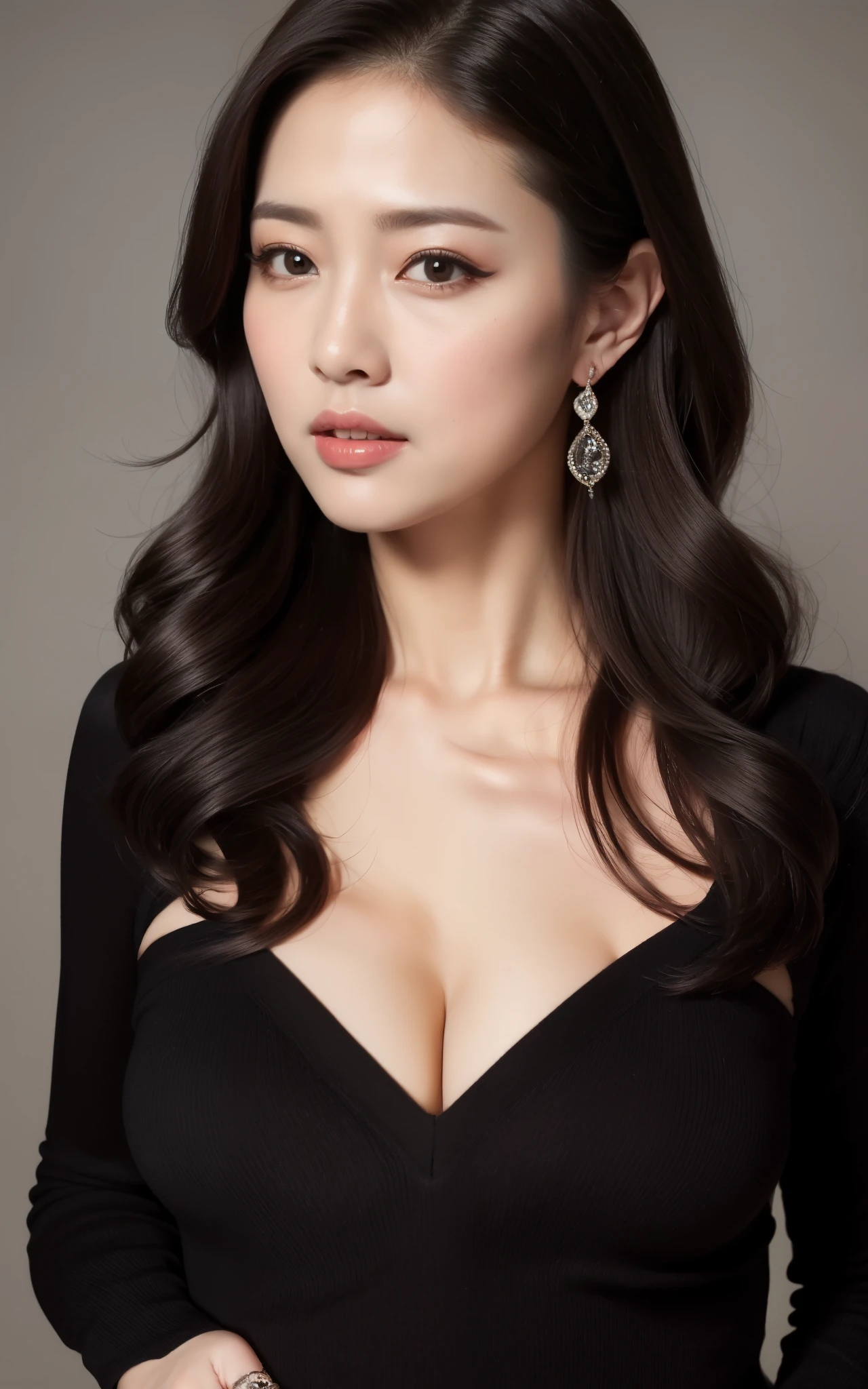 masterpiece,best quality, (one attractive milf), ((portrait:1.5)), long hair, makeup, elegant black shirt, touch own chest, ((seduction expression)), 