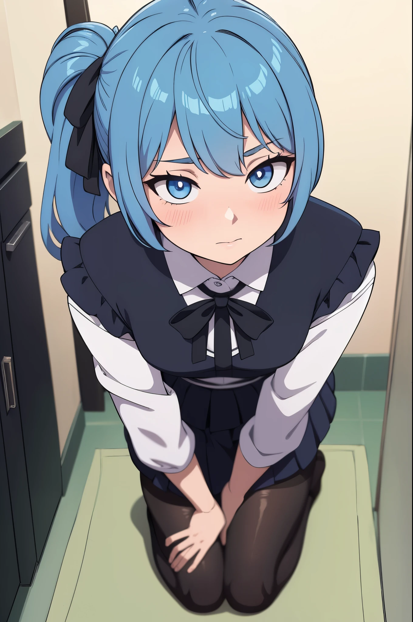 masterpiece, best quality, ultra-detailed, illustration, colorful, flat color, depth of field, 1girl, suisei hoshimachi, anime, staying on her knees on the floor, blue hair, short hair, folded ponytail, blue eyes, looking at viewer, at restroom, white shirt, black tie, black skirt, pantyhose, black pantyhose, detailed skin texture, detailed cloth texture, beautiful detailed face, blush, shy, small breasts, view from front, slender