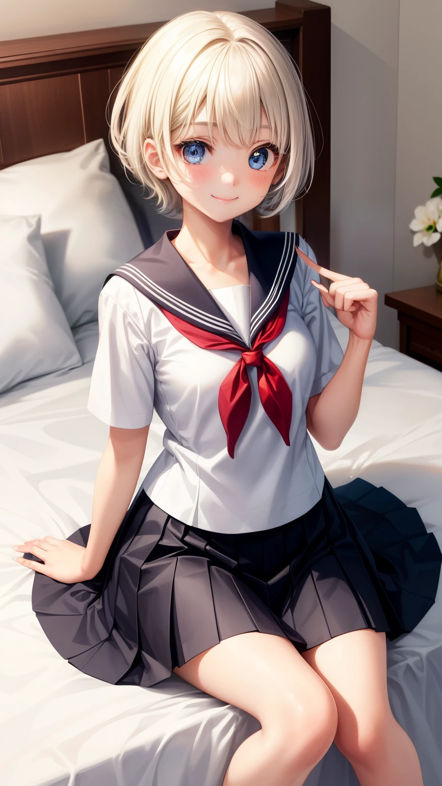 1girl in、Best Quality、、Very cute、A smile、Japanese、highschool、white sailor uniform、Very cute、glad looking face、short-hair、Golden head hair、bed room、black skirt、beautiful eyes、heterochromia、cleavage、胸の谷間