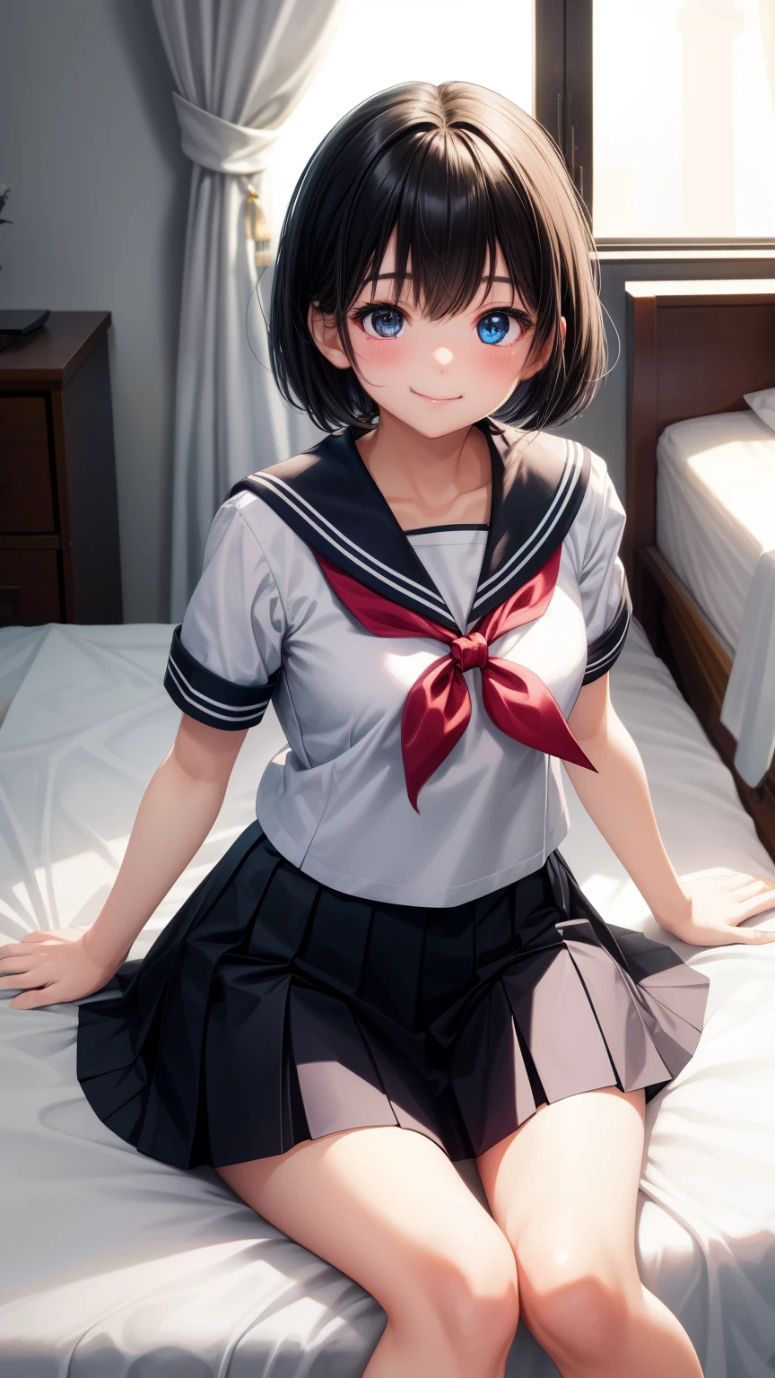 1girl in、Best Quality、、Very cute、A smile、Japanese、highschool、white sailor uniform、Very cute、glad looking face、short-hair、Golden head hair、bed room、black skirt、beautiful eyes、heterochromia、cleavage、胸の谷間