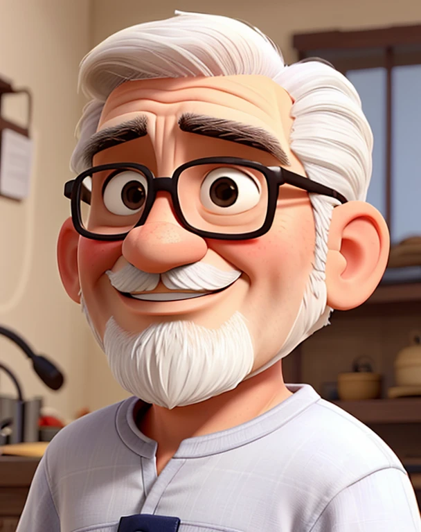 Homem de 62 anos, com barba rala branca, bald and what little hair he still has is white,
