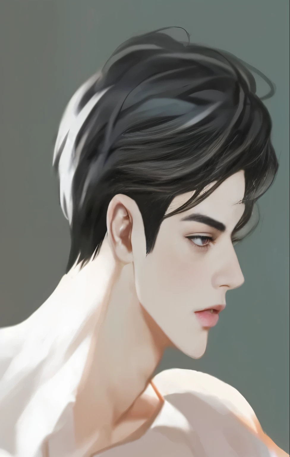 Close-up of a person wearing a shirt and hairstyle., Drawing in Anime Painter Studio, Made with Anime Painter Studio., Half-body picture, Realistic anime style, Inspiration from Yan Juncheng, Anime images of handsome young men, Half-body picture, Semi-realistic anime style, inspired by Russell Dongjun Lu, digital anime illustration, androgynous face