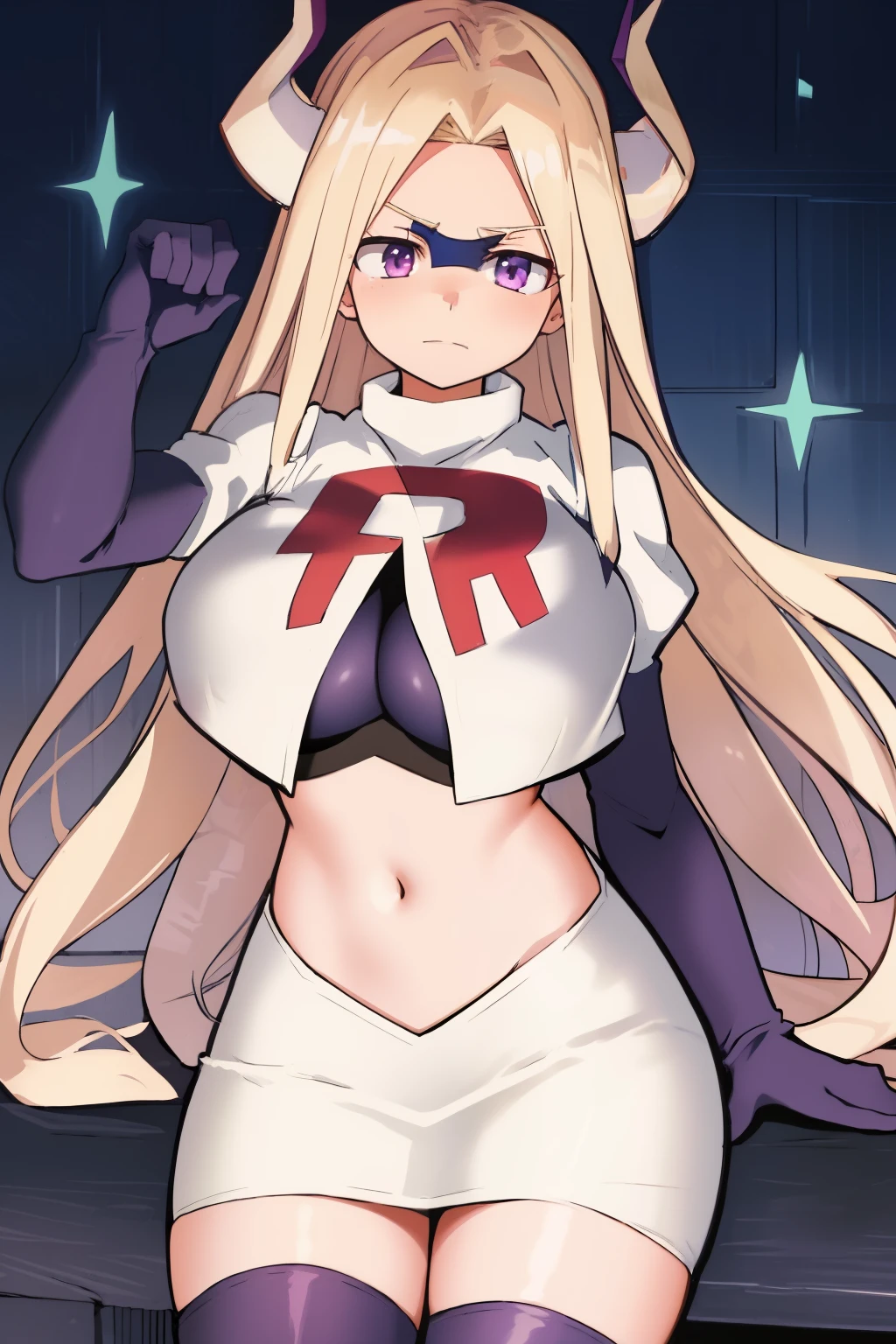 scan, (extremely detailed CG unity 8k wallpaper:1.1), (traditional media:0.9), (sketch:0.9), tracing, soft lighting, anime, (1girl), mtladymha, boku no hero academia, long hair, blonde hair, purple horns, domino mask, large breasts, purple eyes, team rocket,team rocket uniform, red letter R, white skirt,white crop top,black thigh-highs,black elbow gloves