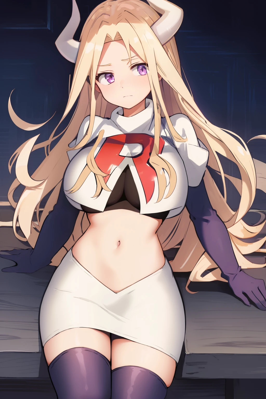 scan, (extremely detailed CG unity 8k wallpaper:1.1), (traditional media:0.9), (sketch:0.9), tracing, soft lighting, anime, (1girl), mtladymha, boku no hero academia, long hair, blonde hair, purple horns, domino mask, large breasts, purple eyes, team rocket,team rocket uniform, red letter R, white skirt,white crop top,black thigh-highs,black elbow gloves
