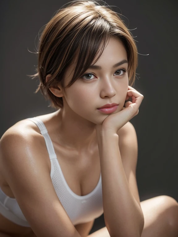 dressed, (photo realistic:1.4), (hyper realistic:1.4), (realistic:1.3), (smoother lighting:1.05), (increase cinematic lighting quality:0.9), 32K, 1girl,20yo girl, realistic lighting, backlighting, light on face, ray trace, (brightening light:1.2), (Increase quality:1.4), (best quality real texture skin:1.4), finely detailed eyes, finely detailed face, finely quality eyes, (tired and sleepy and satisfied:0.0), knee to top, light yellow sport bra (Increase body line mood:1.1), (Increase skin texture beauty:1.1) with light brown messy shortcut hair style