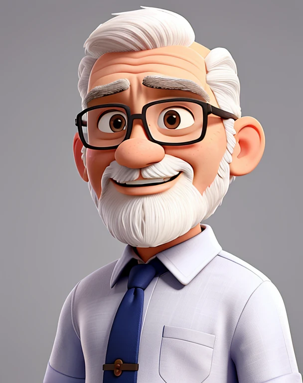 Homem de 62 anos, com barba rala branca, bald and what little hair he still has is white, is wearing formal clothes, e na parede tem um quadro com a imagem de um trem