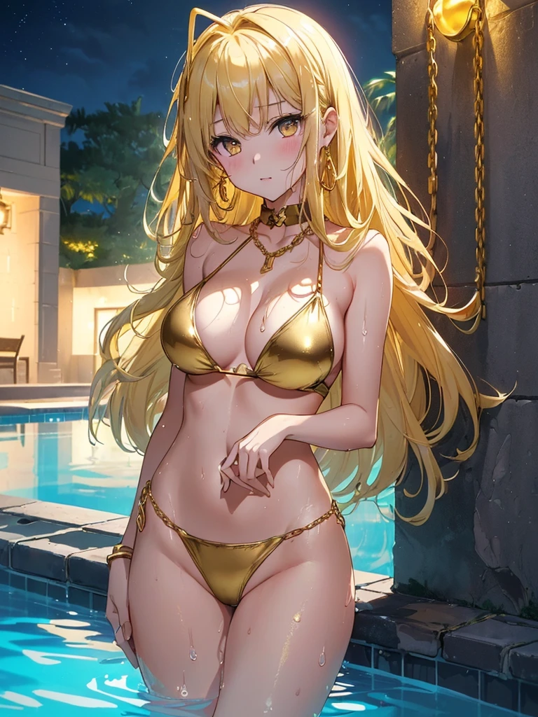 top-quality、Top image quality、​masterpiece、girl with((20yr old、Best Bust、big bast、Bust 85,beautiful golden eyes、Breasts wide open,Blonde long hair、A slender、Large valleys、Gold Bikini Dresses、Shy face、the whole body is wet、wetting hair、lean against the wall、dye one's cheeks red、)）hiquality、Beautiful Art、Background with((Night Pool、Parti、Golden Chain、Neon colored lighting)))masutepiece、visualart、depth of fields、