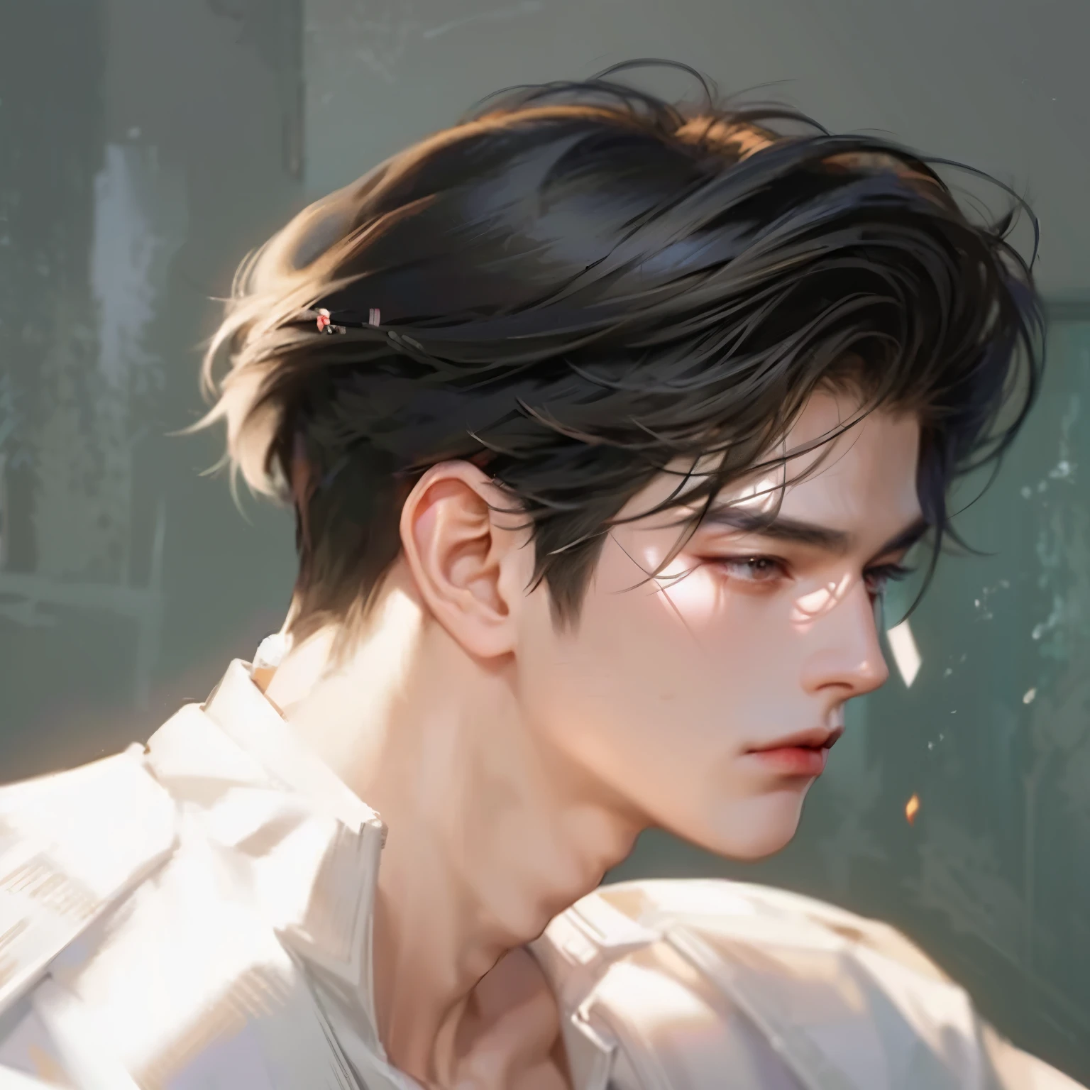 Close-up of a person wearing a shirt and hairstyle., Drawing in Anime Painter Studio, Made with Anime Painter Studio., Half-body picture, Realistic anime style, Inspiration from Yan Juncheng, Anime images of handsome young men, Half-body picture, Semi-realistic anime style, inspired by Russell Dongjun Lu, digital anime illustration, androgynous face