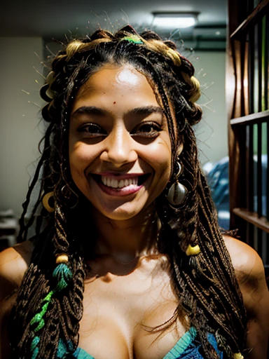 "Create an amazing image of Isabella's face, uma modelo carioca. Destaque a pele morena, cor de jambo, cabelos cacheados com dreads em tons de azul e verde, olhos verdes sedutores e um sorriso cativante que reflete alegria e autenticidade."