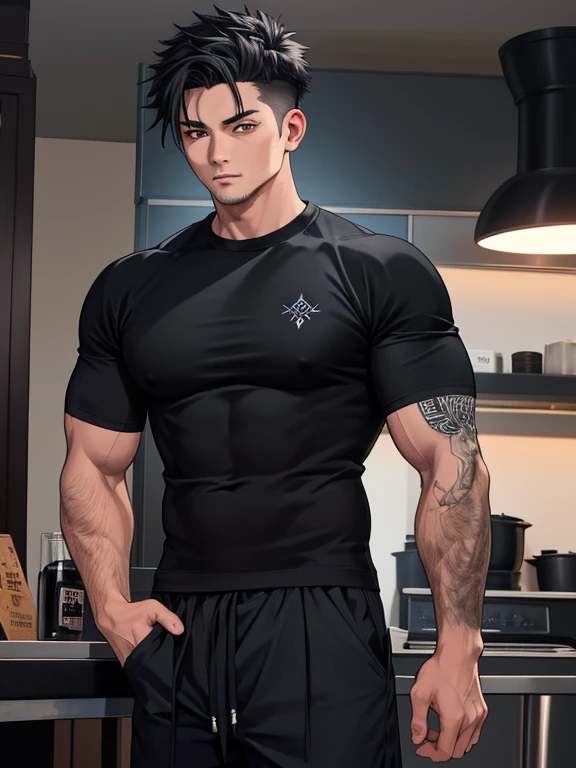 1boy,, chef-d&#39;artwork,best quality, Fushiguro Toji,muscular male,cheveux noirs,Black shirt It says Ragnarok Record on it ,manches courtes,pantalon,monstre