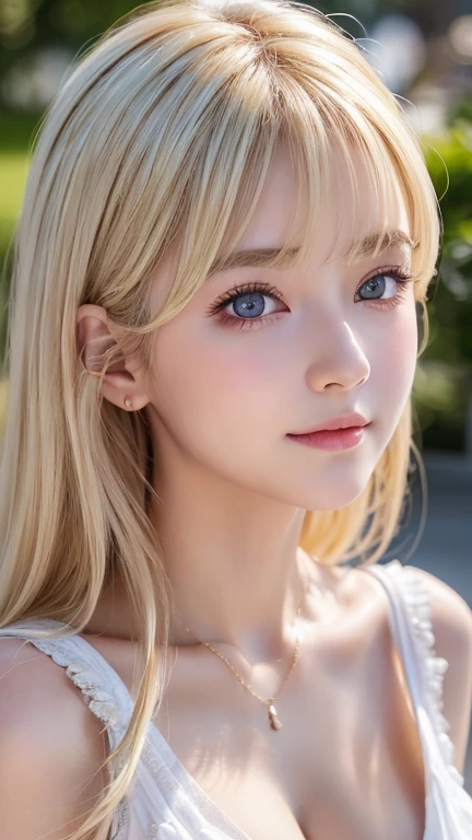 A 14-year-old beautiful girl with shiny bright blonde hair.、cute,crazy about love, face focus , Ruffled Summer Dresses, Nordic bright blonde girl, Super long bright shiny blonde hair、low contrast, (shy smile:0.8),  There is a cleavage in the chest,  hair scrunchie,  best quality, ultra high resolution, realistic photo, Super detailed, 8K, Raw photo, master piece、Very beautiful, bright, pale sky blue, and very large eyes.、very big eyes、White shiny skin、cheek gloss highlight、small face beautiful girl、eyeliner、blonde hair above the eyes、片blonde hair above the eyes、bangs between the eyes、