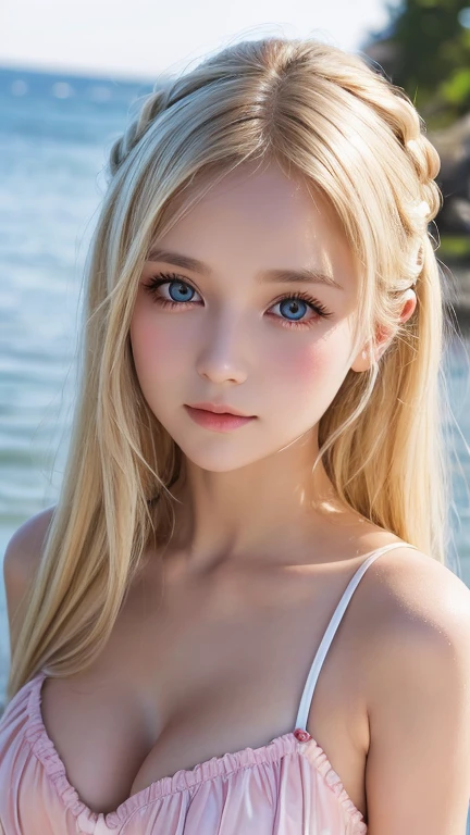 A 14-year-old beautiful girl with shiny bright blonde hair.、cute,crazy about love, face focus , Ruffled Summer Dresses, Nordic bright blonde girl, Super long bright shiny blonde hair、low contrast, (shy smile:0.8), There is a cleavage in the chest, hair scrunchie, best quality, ultra high resolution, realistic photo, Super detailed, 8K, Raw photo, master piece、Very beautiful, bright, pale sky blue, and very large eyes.、very big eyes、White shiny skin、cheek gloss highlight、small face beautiful girl、eyeliner、blonde hair above the eyes、片blonde hair above the eyes、bangs between the eyes、