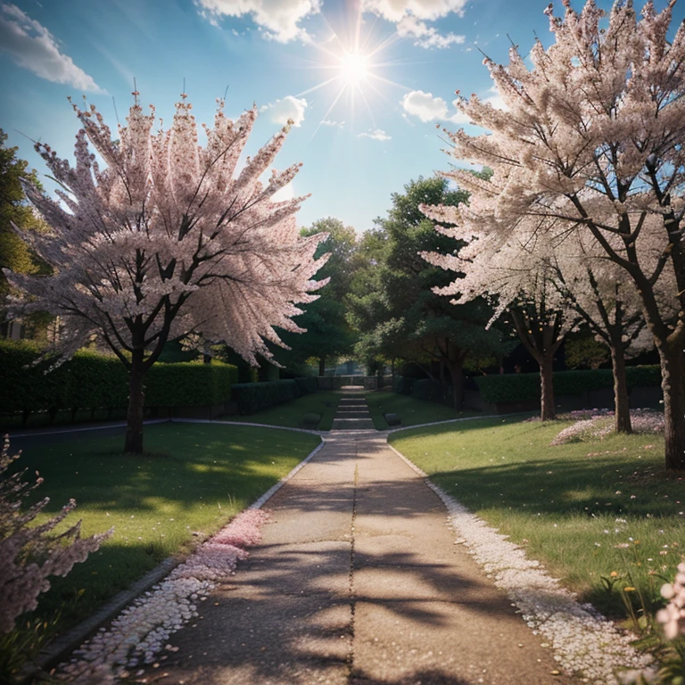 a path surrounded by flowering cherry trees illuminated by the sun's rays, vibrant and intense colors, ultra-realistic, multi-detailed, intricate, high quality, cinematic, 8k, 3D.