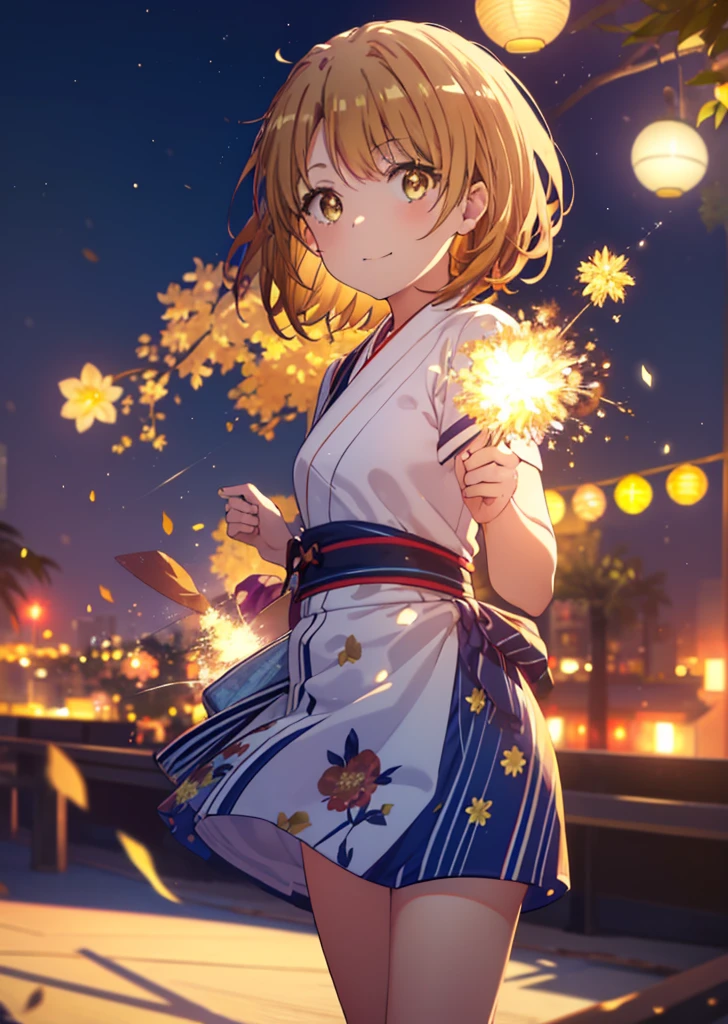 irohaisshiki, Isshiki Iroha, short hair, brown hair, (brown eyes:1.5), short hair,Flower chewing,smile,Yellow yukata,Zori sandals,Yukata outdoors, Spectacular Pyrotechnics, Star mine with a large number of fireworks, Distant shots, Rear view, night view, はにかんだsmile, Bokeh effect and depth of field, high key light,"break looking at viewer,break (masterpiece:1.2), highest quality, High resolution, unity 8k wallpaper, (shape:0.8), (beautiful and detailed eyes:1.6), highly detailed face, perfect lighting, Very detailed CG, (perfect hands, perfect anatomy),